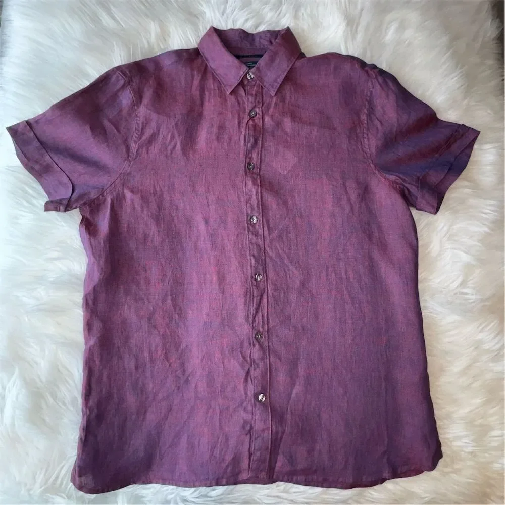 Perry Ellis Men's Untucked‎ Short Sleeve Linen Button-Up Shirt Large Office